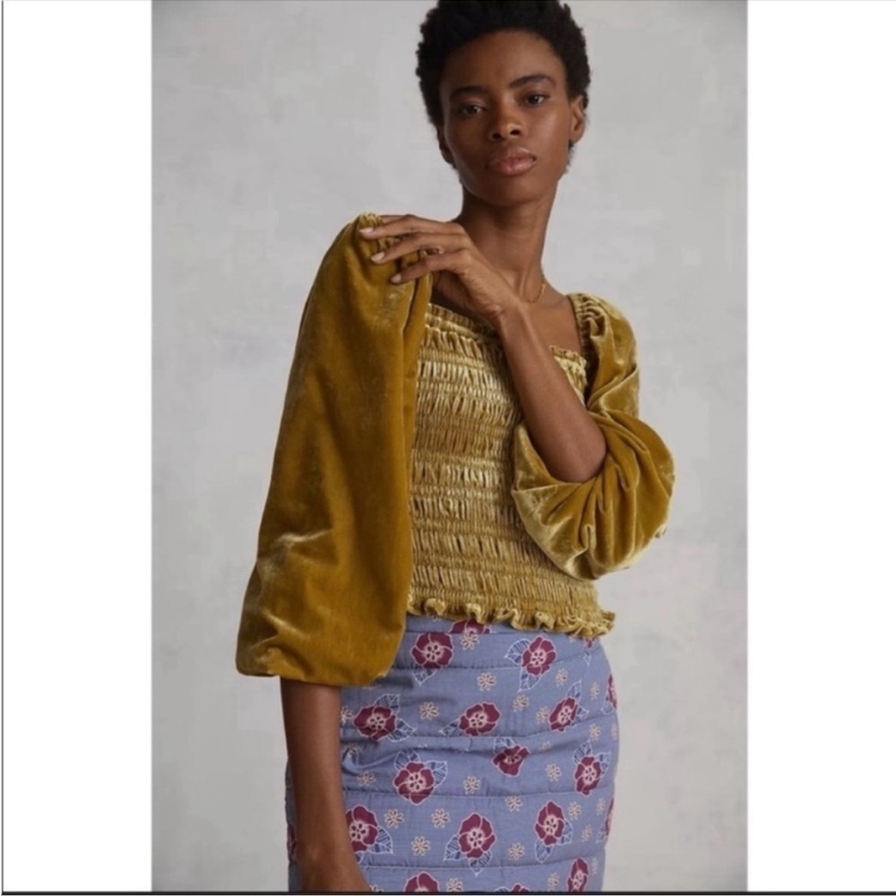 Anthropologie Velvet Smocked Square Neck Puff Sleeve Blouse Gold Petite MP